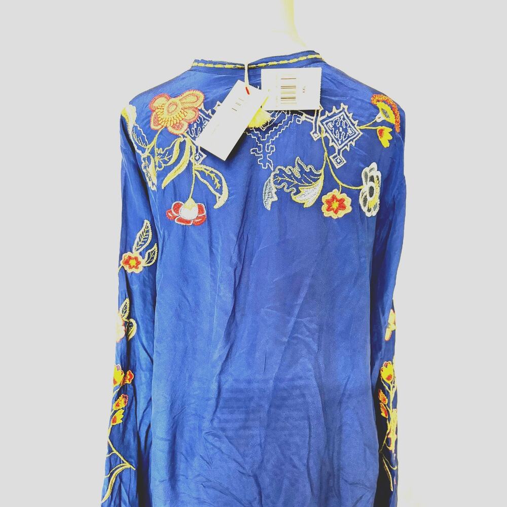 Johnny Was Blue Bird Silk Embroidered Tunic Blouse XXL NWT Floral Boho Peasant - Picture 6 of 9